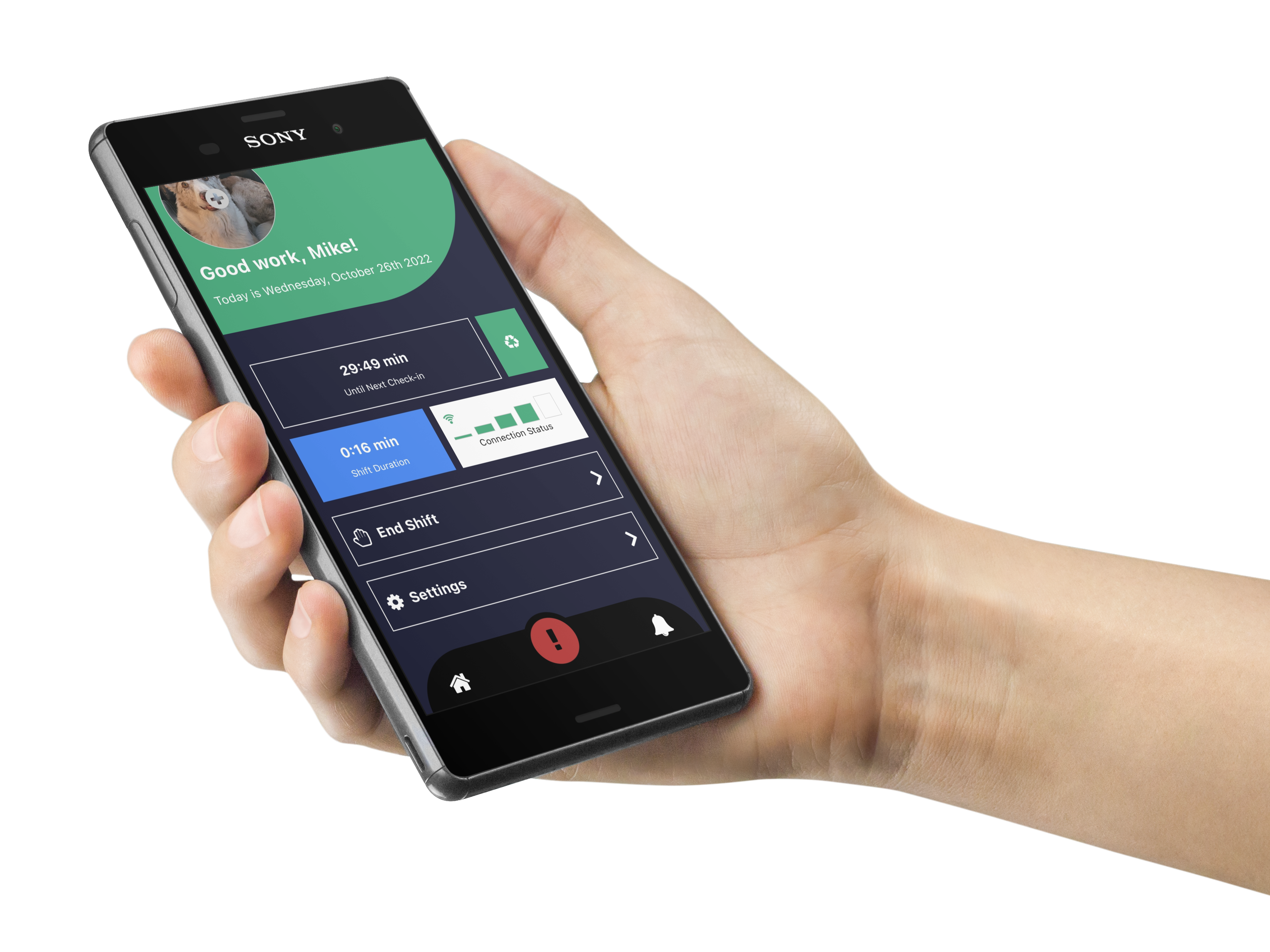 Person holding mobile phone with be safe app open Person holding mobile phone with be safe app open